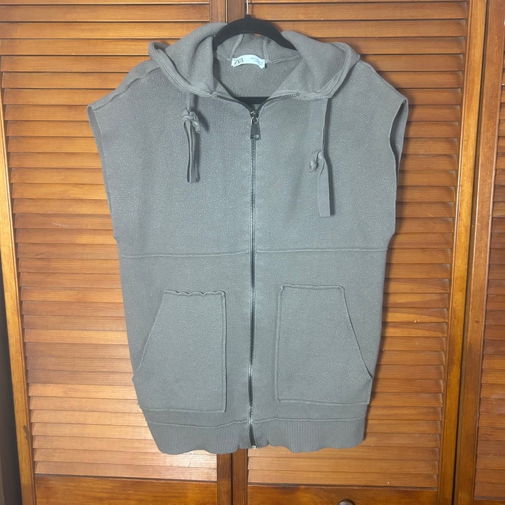 Zara Mens Taupe Streetwear Full Zip Hoodie Knit Vest Sweatshirt‎ Small 3597/121